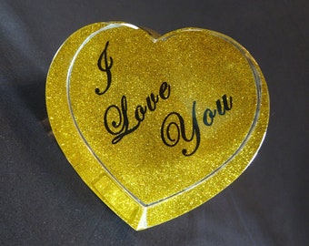 Gold Glitter I Love You Paperweight, Vidali Collection, Vintage Heart Shaped Glass Sculpture, Valentine Day Gift