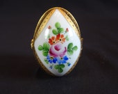 Limoges Floral Egg Shaped Storage Box, Vintage Pink Orange Blue Flowers Hinged Picture Container