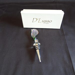 D' Lusso Designs Art Glass Wine Stopper, Vintage Blue Pink Silver Swirl Bottle Cork, Decorative Bar Accessory, Collectible Barware