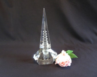 Hoya Crystal Pagoda Perfume Bottle with Stopper, Tokyo Japan, Vintage Cut 3D Temple Design Cologne Container