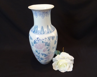 Decorative Floral Vase, Vintage Large Pink Flowers & Blue Green Foliage Designed Floral Display Container