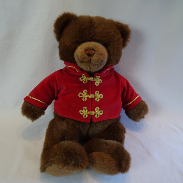 Lord & Taylor Gund Soldier Teddy Bear Plush, Vintage Brown Bear in Red with Gold Braid Jacket Stuffed Toy