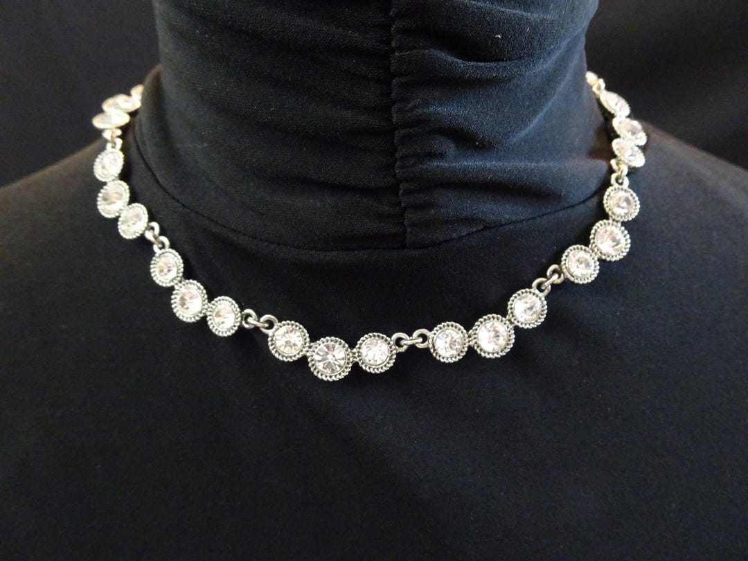 Liz Claiborne Clear Rhinestone Necklace, Vintage Silver-tone Metal