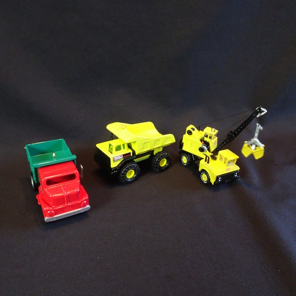 Vintage Hallmark Holiday Tree Ornaments, Red & Green Tonka Dump Truck, Tonka Mighty Dump Truck, Tonka Mighty Crane, Hanging Christmas Decor