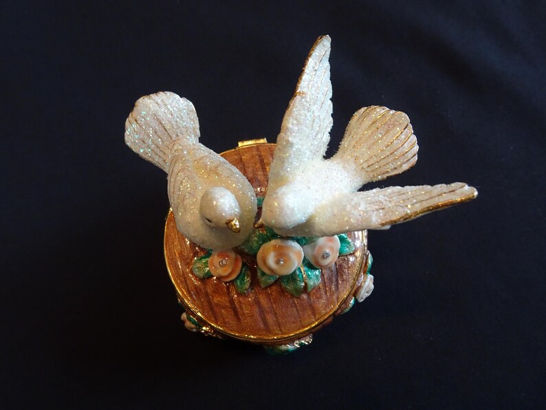 Dept 56 Bejeweled Love Birds Hinged Trinket Box, Vintage Enamel