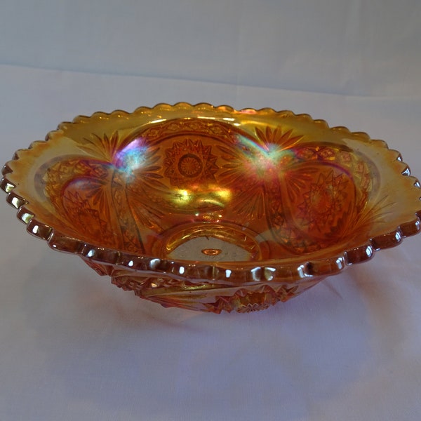 Imperial Hobstar & Oval Bands Marigold Carnival Glass Bowl, Vintage Orange Iridescent Serving Dish