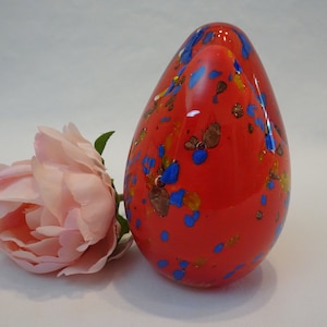 Spotted Egg Paperweight, Vintage Red & Blue Encased Oval Glass Sculpture