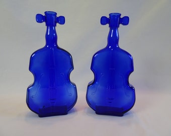 Cello Cobalt Blue Glass Bottle, Vintage Musical String Instrument Figural Container
