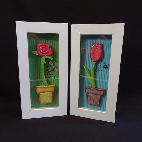 Whimsical Wood Flowers Shadowbox Picture Set of 2, Vintage Colorful Florals in Pot with Lady Bug & Dragonfly Hanging Wall Décor