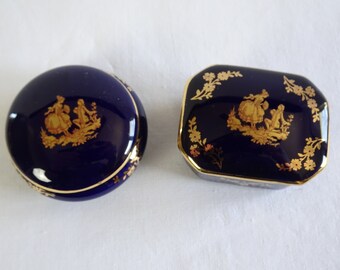 Fontanille & Marraud Limoges Lovers Trinket Box, Vintage FM Cobalt Blue and Gold Courting Scene Covered Pill Container