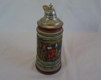 Vintage Thewalt Alt-Grenzau ölsten med tennlock, handmålad västtysk sejdel, traditionell tysk jaktscen, samlarmugg