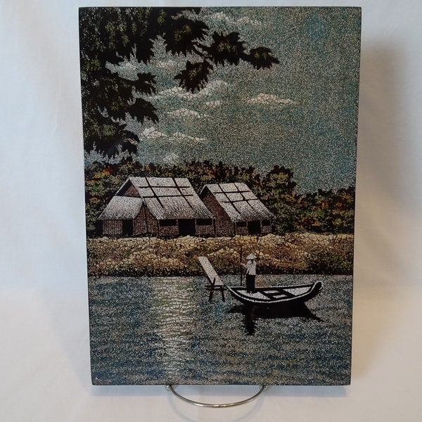 Black Lacquer Asian Rural Village Art Work, Vintage Oriental Boat on Water Scene Hanging Picture, Wall Decor Accessory