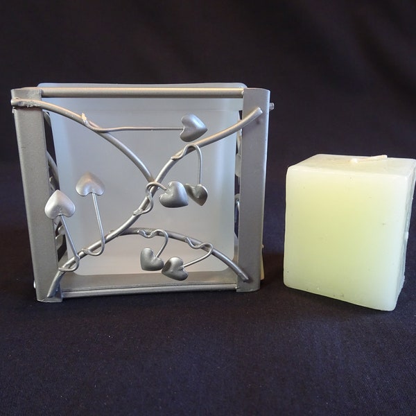 Tiny Silver Hearts Square Metal Votive Candleholder, Vintage Hanging Symbol of Love Tealight Candle Display