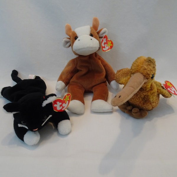 Beanie Baby Stuffed Toy, Zip Cat, Bessie Cow, Beak Kiwi Bird, Vintage TY Beanie Babies Plush Animals