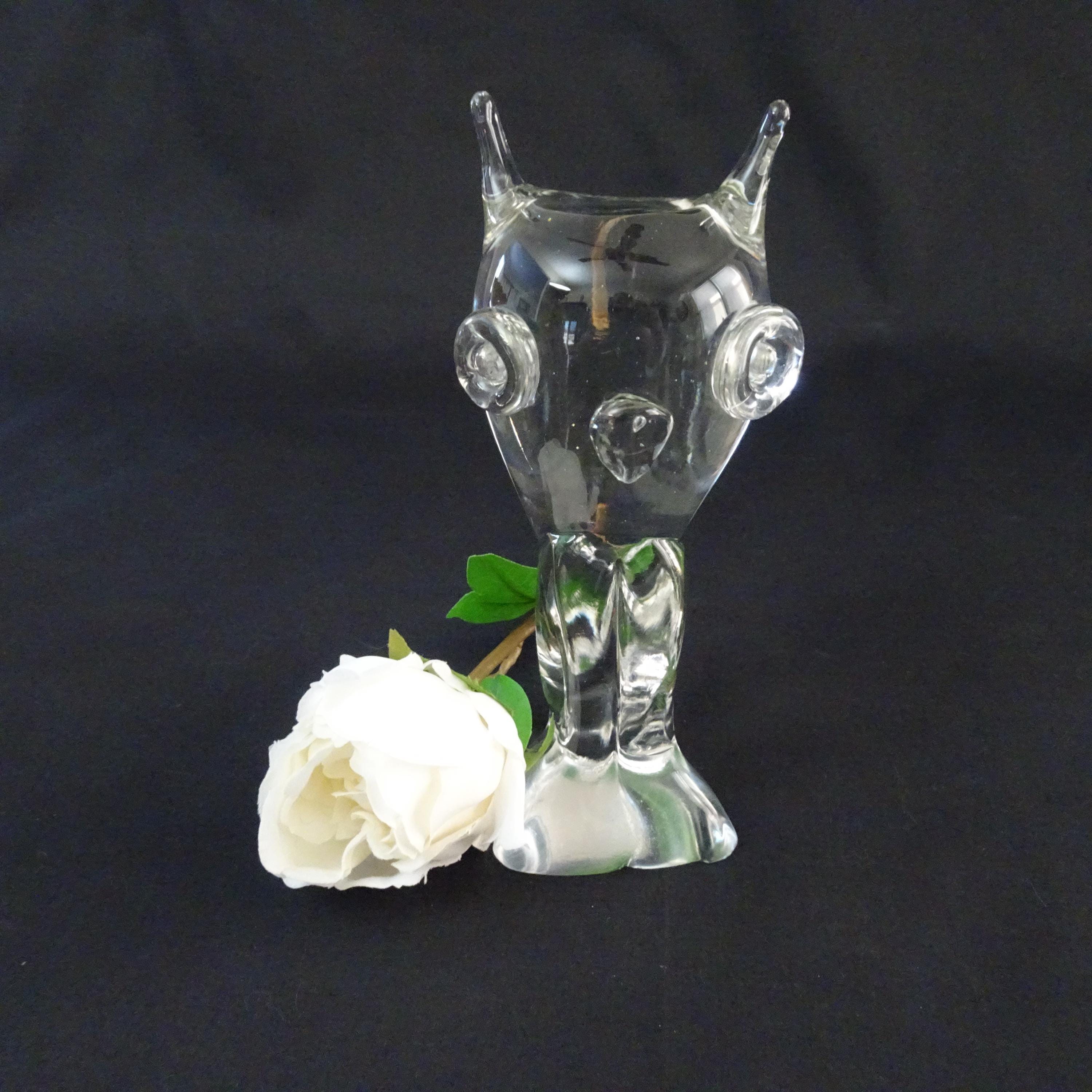Abstract Owl Glass Figurine, Vintage Bird of Wisdom Art Glass Sculpture, Minimalist Owl Wildlife Scu