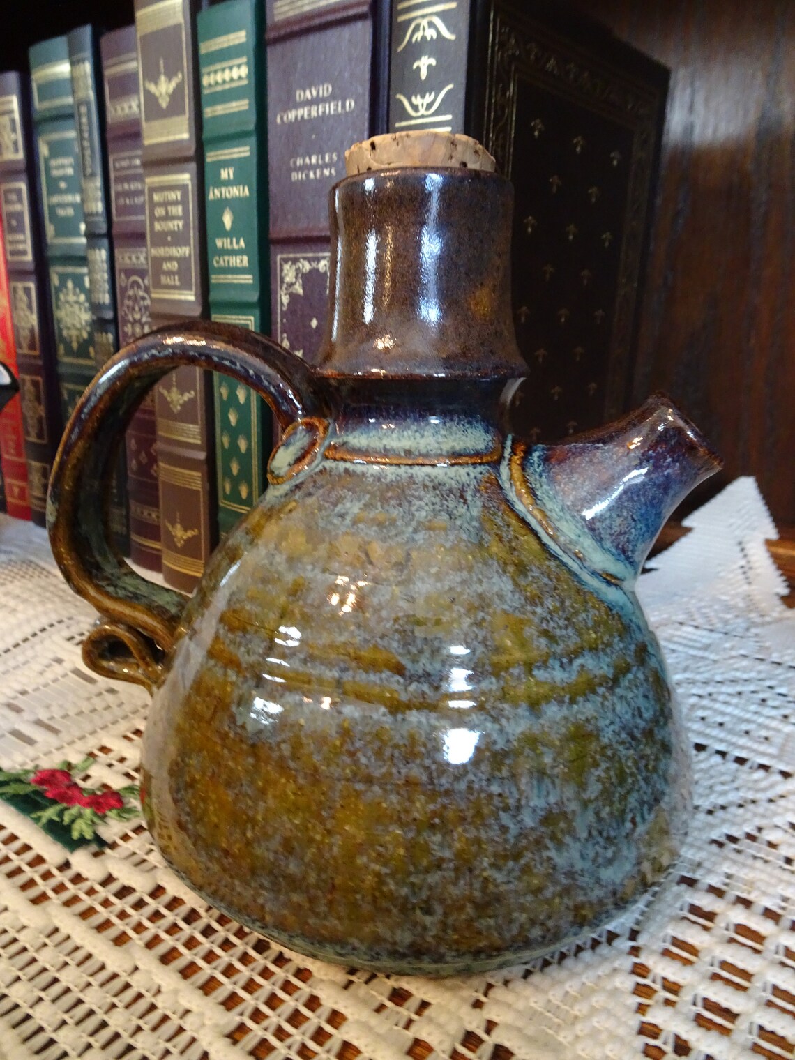 Decorative Pottery Tea Kettle Vintage Green Stoneware Jug Etsy