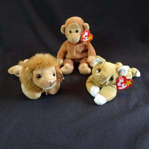 Beanie Baby Stuffed Toy, Roary Lion, Bongo Monkey, Nip Kitty Cat, Vintage TY Beanie Babies Plush Animals
