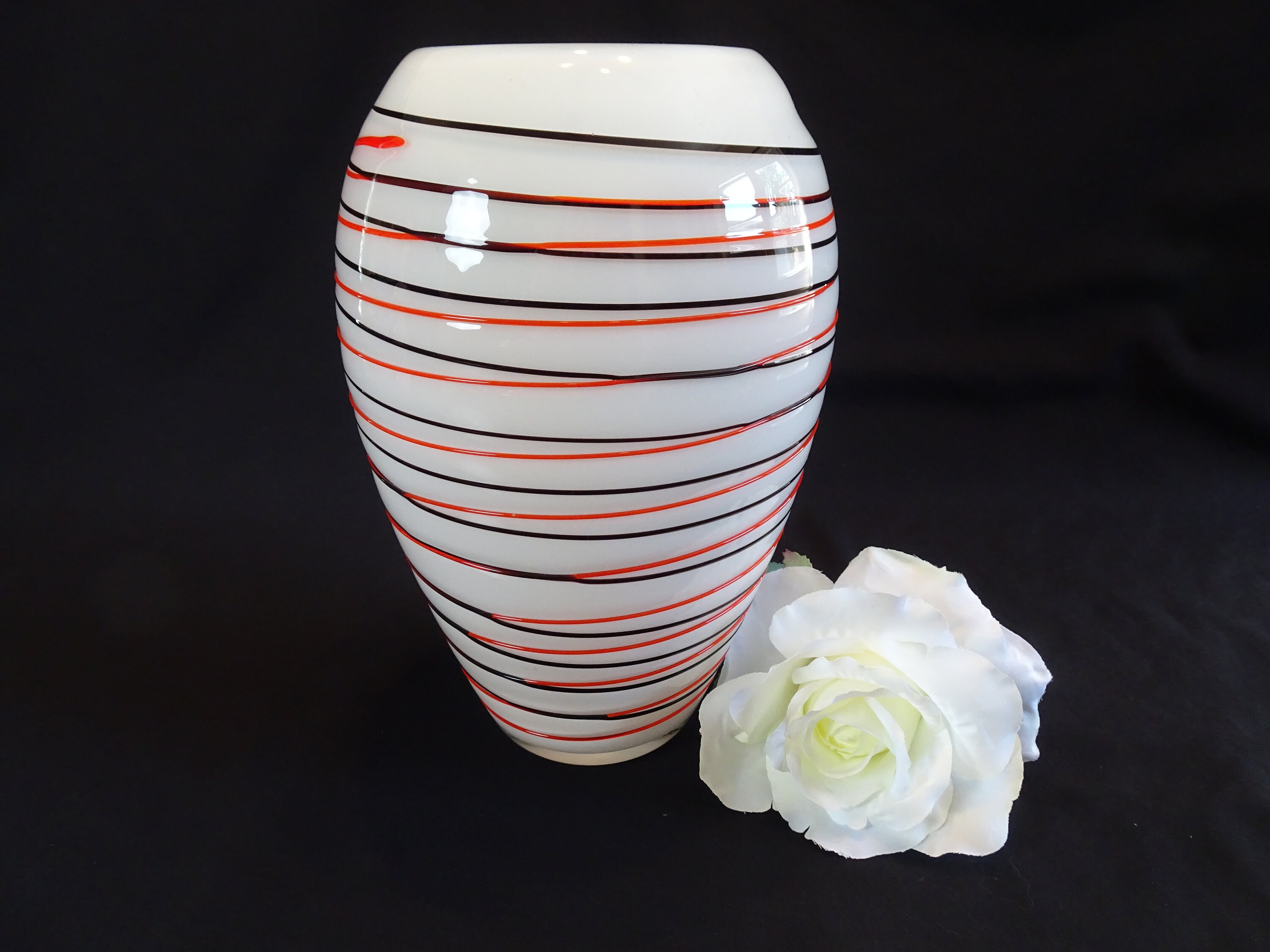 Red Orange & Purple Stripes Art Glass Vase, Vintage Decorative