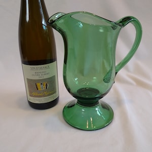 Footed Green Glass Pitcher, Vintage Beverage Serving Jug