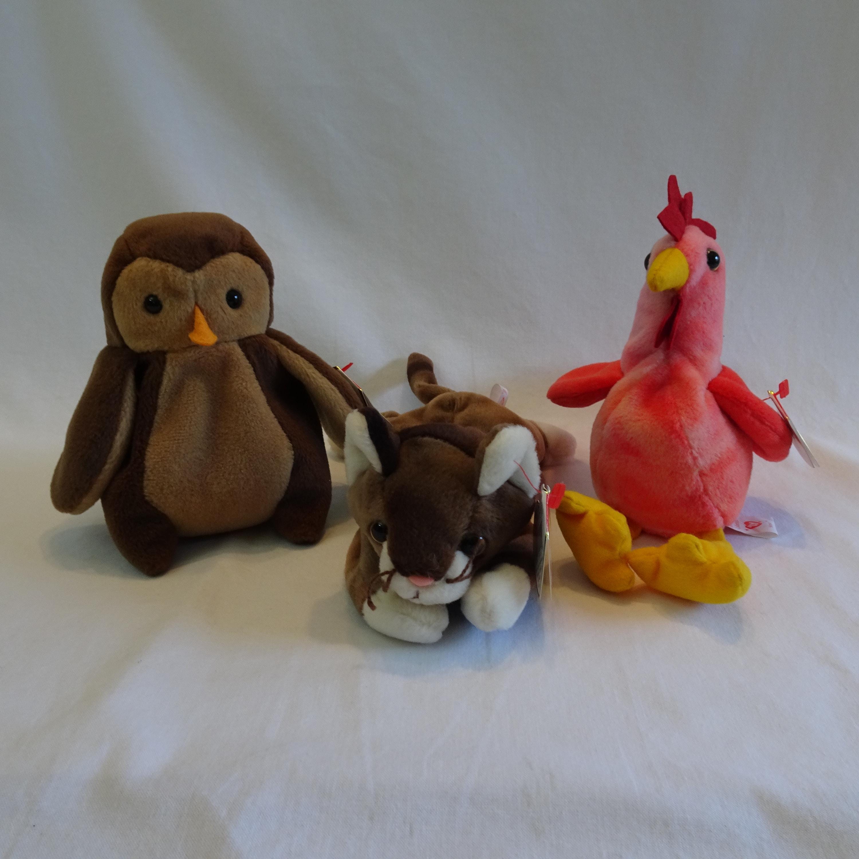 Beanie Baby Stuffed Toy, Hoot Owl Bird, Pounce Kitty Cat, Strut Rooster, Vintage Collectible TY Bean