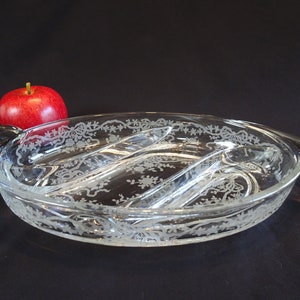 Fostoria Romance Divided Serving Dish, Vintage Etched Flowers, Ribbons & Bows Handled 3-Part Sectional Relish Tray