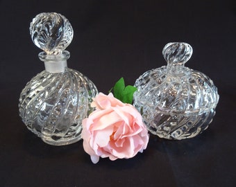 Perfume Bottle and Trinket Box Set, Vintage Fragrance Container with Stopper and Matching Covered Jewelry Storage Dish