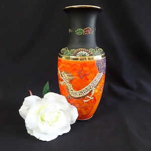 Japanese Dragonware Handpainted Moriage Vase, Vintage Orange & Black Handpainted Dragon Flower Display