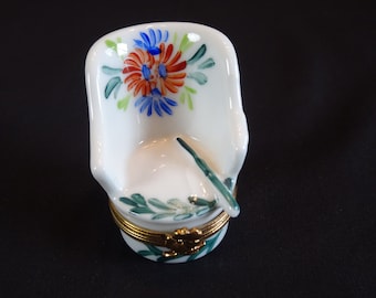 Limoges Floral Chair Trinket Box, Vintage Flowers & Foliage Hinged Keepsake Container