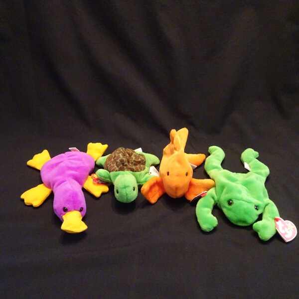 Beanie Baby Stuffed Toy, Patti Platypus, Speedy Turtle, Goldie Goldfish, Legs Frog, Vintage TY Beanie Babies Plush Animals