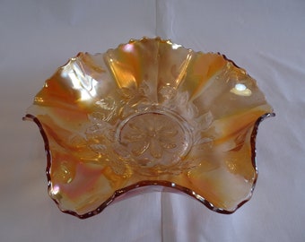 Antike Dugan Cosmos Variant Marigold Karneval Glasschale, Vintage Orange Blumen Servierschale, Herzstück Display