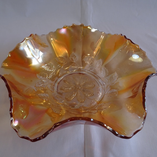 Antique Dugan Cosmos Variant Marigold Carnival Glass Bowl, Vintage Orange Flower Serving Dish, Centerpiece Display