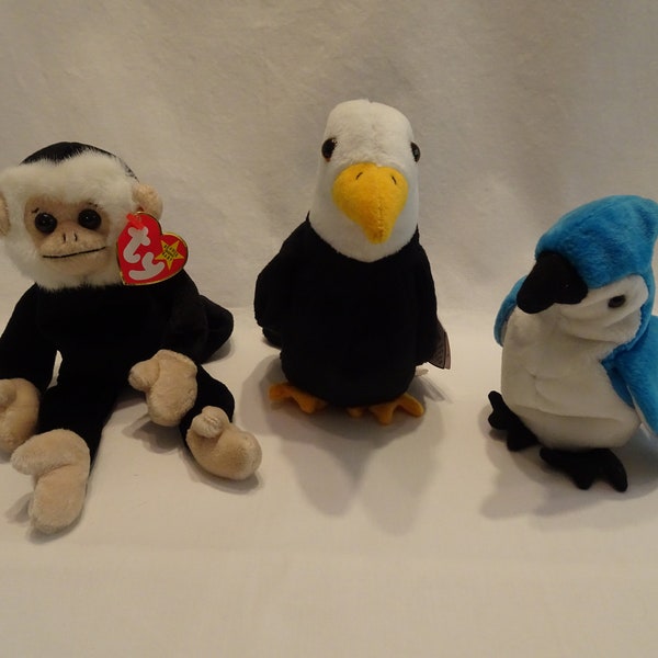 Beanie Baby Stuffed Toy, Mooch Spider Monkey, Baldy Eagle, Rocket Blue Jay Bird, Vintage TY Beanie Babies Plush Animals