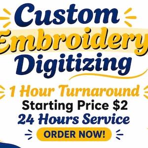 May include: A graphic advertisement featuring the text Custom Embroidery Digitizing in bold blue and yellow lettering. The design includes yellow star accents and a floral illustration in the top right corner, with an orange button labeled ORDER NOW.