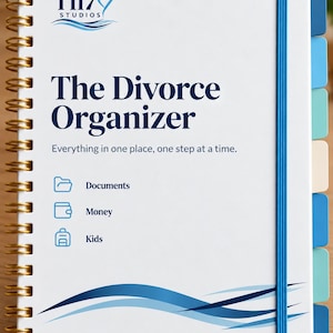 May include: A white spiral-bound organizer titled The Divorce Organizer with a gold wire coil, a blue elastic closure, and side tabs. The cover features the TI17 Studios logo, the text Everything in one place, one step at a time, and icons for Documents, Money, and Kids.