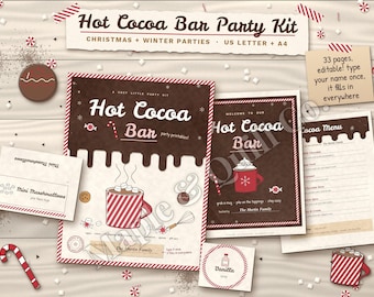 May include: A Hot Cocoa Bar Party Kit featuring printable signs, labels, and a menu. The brown and white themed set includes text like Hot Cocoa Bar, Mini Marshmallows, and Cocoa Menu, with illustrations of mugs, candy canes, and whisks.