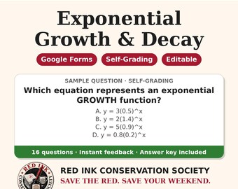 May include: An educational resource for Algebra 1 titled Exponential Growth & Decay. It features a sample self-grading question about exponential growth functions with four options, plus text noting Google Forms, 16 questions, and Red Ink Conservation Society.