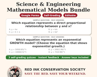 May include: A digital educational resource titled Math Models Science & Engineering Mathematical Models Bundle. It features two sample self-grading questions about direct proportional relationships and exponential growth, plus answer keys.