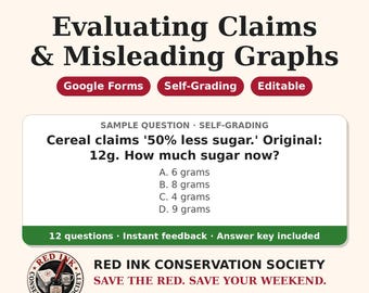 May include: Educational resource titled MATH MODELS Evaluating Claims & Misleading Graphs. Includes Google Forms, Self-Grading, and Editable features. Features a sample question about cereal sugar content and Red Ink Conservation Society branding.