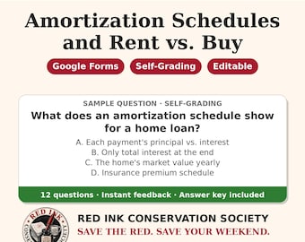 May include: Educational resource titled MATH MODELS Amortization Schedules and Rent vs. Buy. Features Google Forms, Self-Grading, and Editable tags. Includes a sample question about home loan amortization schedules and 12 questions total.