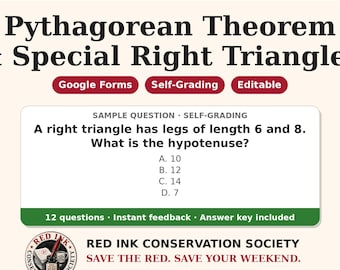 May include: A digital educational resource titled MATH MODELS Pythagorean Theorem: Special Right Triangles. It features a sample self-grading question about a right triangle with legs of 6 and 8, plus Google Forms, editable, and answer key labels.