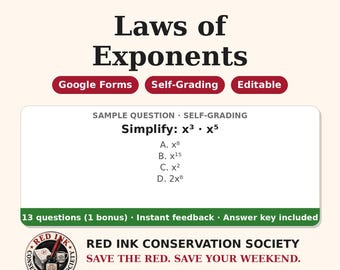 May include: An Algebra 1 educational resource titled Laws of Exponents. It features Google Forms, self-grading, and editable options. A sample question asks to simplify x cubed times x to the fifth power with multiple choice options.