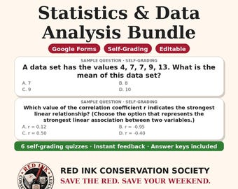 May include: A digital educational resource titled Math Models Statistics & Data Analysis Bundle. It features two sample multiple-choice questions, red labels for Google Forms, Self-Grading, and Editable, and the Red Ink Conservation Society logo.