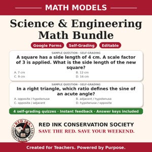 May include: A Science & Engineering Math Bundle educational resource featuring two sample math questions about squares and right triangles. The document includes labels for Google Forms, self-grading, and editable content on a cream background.