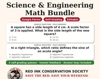 May include: A Science & Engineering Math Bundle educational resource featuring two sample math questions about squares and right triangles. The document includes labels for Google Forms, self-grading, and editable content on a cream background.
