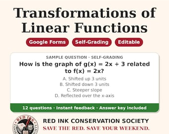 May include: An educational resource titled Algebra 1 Transformations of Linear Functions. It features a sample question about g(x) = 2x + 3 and f(x) = 2x, with multiple-choice options. Includes labels for Google Forms, self-grading, and editable.