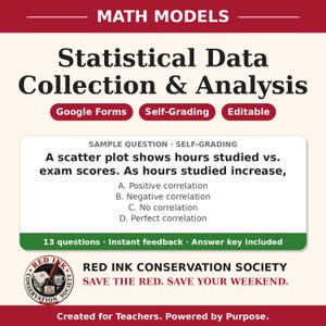 May include: A digital educational resource titled MATH MODELS Statistical Data Collection & Analysis. It features a sample question about a scatter plot, Google Forms, self-grading, and editable options. Includes the Red Ink Conservation Society logo.