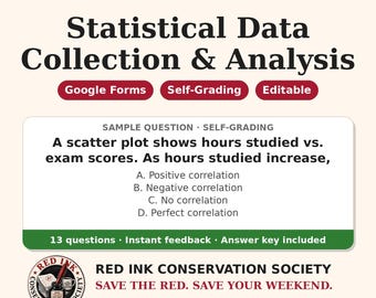 May include: A digital educational resource titled MATH MODELS Statistical Data Collection & Analysis. It features a sample question about a scatter plot, Google Forms, self-grading, and editable options. Includes the Red Ink Conservation Society logo.
