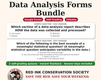 May include: A digital data analysis forms bundle featuring two self-grading math quizzes with sample questions, answer keys, and instant feedback. The document includes the text Math Models, Red Ink Conservation Society, and Save the Red. Save your weekend.
