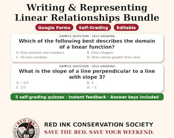 May include: An Algebra 1 educational bundle titled Writing & Representing Linear Relationships. It features Google Forms, self-grading, and editable content with sample questions about linear functions and slopes. Includes 5 quizzes.