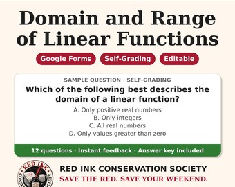 May include: An educational resource titled Algebra 1: Domain and Range of Linear Functions. It features a sample question about linear function domains, with options A through D, and notes that it includes 12 questions and an answer key.